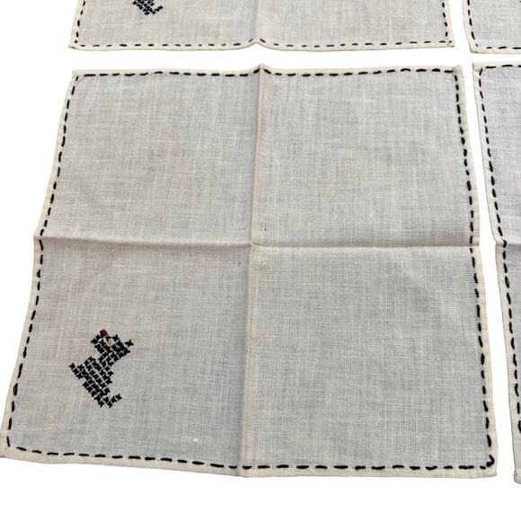 Cocktail napkins (4) YELLOW cotton hand embroidery black Scottish Terriers - Picture 4 of 10
